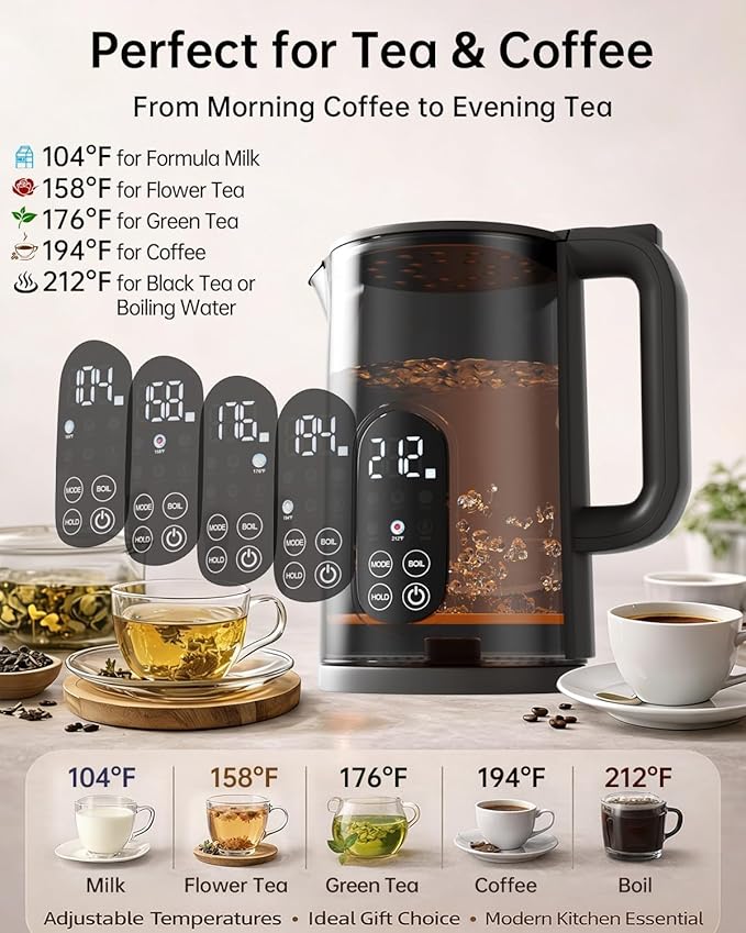 Electric Kettle with Temperature Control, 1.7L Stainless Steel Hot Water Kettle, 5 Presets, Keep Warm & Fast Boil, Matt Black with Stainless Steel Filter