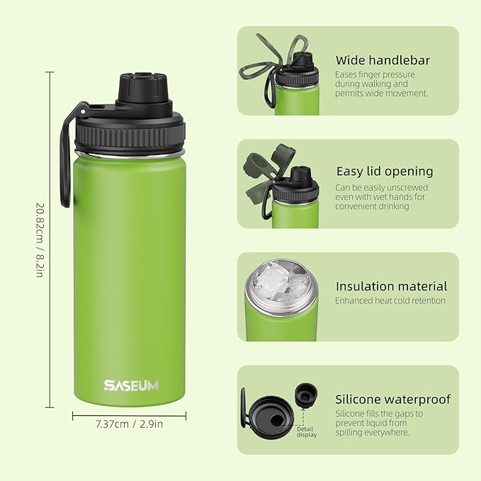 SASEUM Kids Sport Water Bottle 16oz Stainless Steel Double Wall Vacuum Thermal Mug with Leak Proof Spout Lids, Wide Mouth Metal Insulated Water Jug for Gym and Travel（Apple Green）