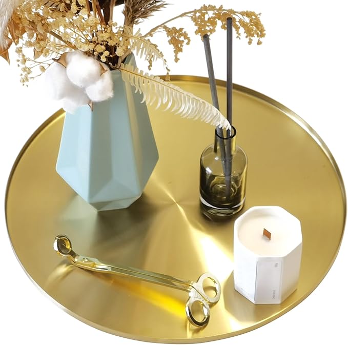 FREELOVE Gold Serving Tray, Decorative Platters and Trays for Perfume Jewelry Comestics Food Coffee Tea Candle, Bath Vanity Counter Bathroom Table (Light Gold, 14 inch)
