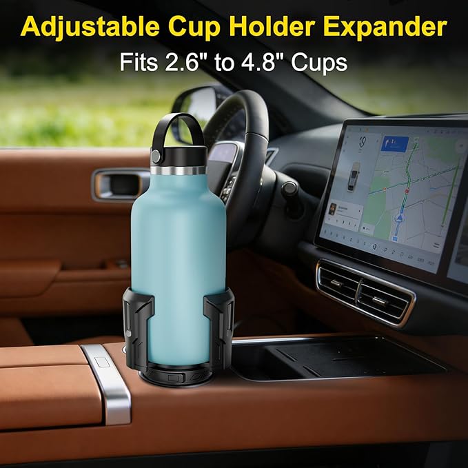 Cup Holder Expander (Adjustable Holder & Base, Auto-Fit Hold, One Button Open), Car Cup Holder Expander for Yeti, Hydro Flask, Nalgene, Owala, Bottles in 2.6"- 4.8" (1 Pack, Black)