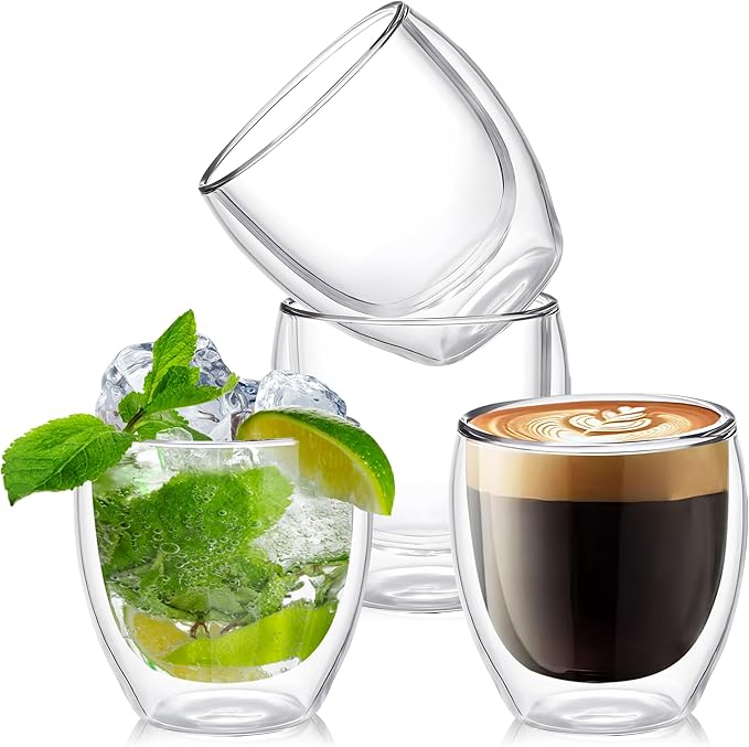 Set of 4 Double Walled Glass Coffee Mugs 3 Ounces Insulated Layer Coffee Cups Borosilicate Glass Espresso Cup for Hot Beverage,Cappuccino,Tea,Latte,Wine,Microwave Safe