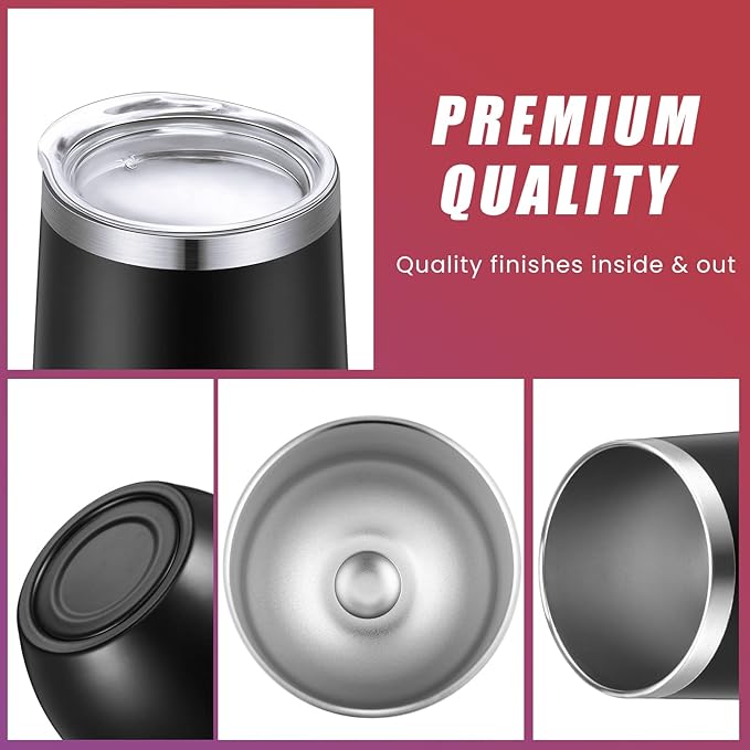 6 Pack Stainless Steel Wine Tumblers 12 oz Insulated Vacuum Wine Cup Set Double Wall Stainless Steel Stemless Mug Glasses for Coffee Soda Whiskey Outdoor Travel (Black)