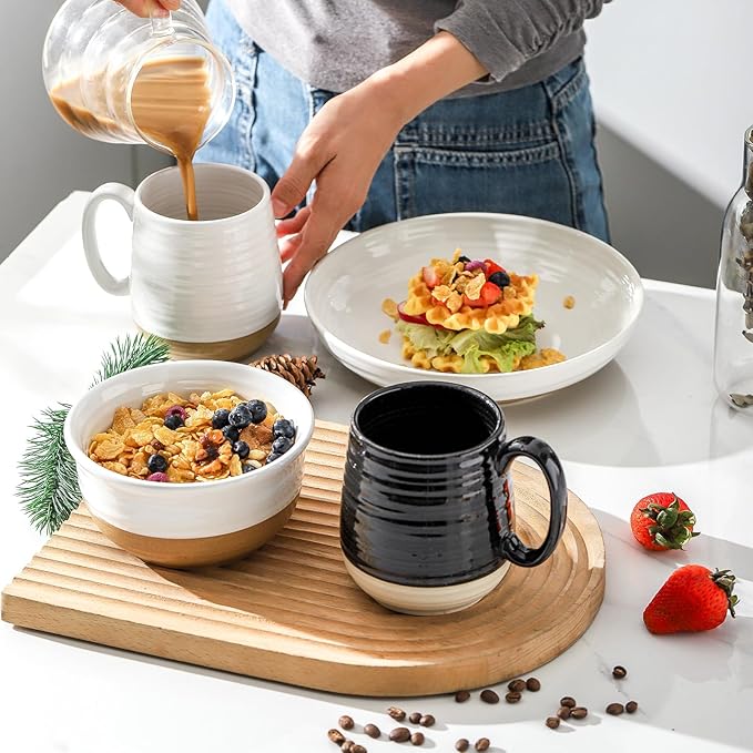 HASENSE 20 oz Coffee Mugs, Large Mugs with Handle Set of 2, Stoneware Coffee Cups for Mom Dad Friend, Prefect for Latta, Tea, Coffee, Dishwasher and Microwave Safe, White & Black