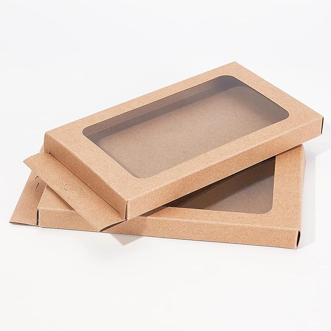 BENECREAT 20 Pack Kraft Paper Boxes with Clear Window 7x3.5x0.6 Brown Gift Packaging Boxes for Bakery Cookies Cake Candy Wedding Party Favors
