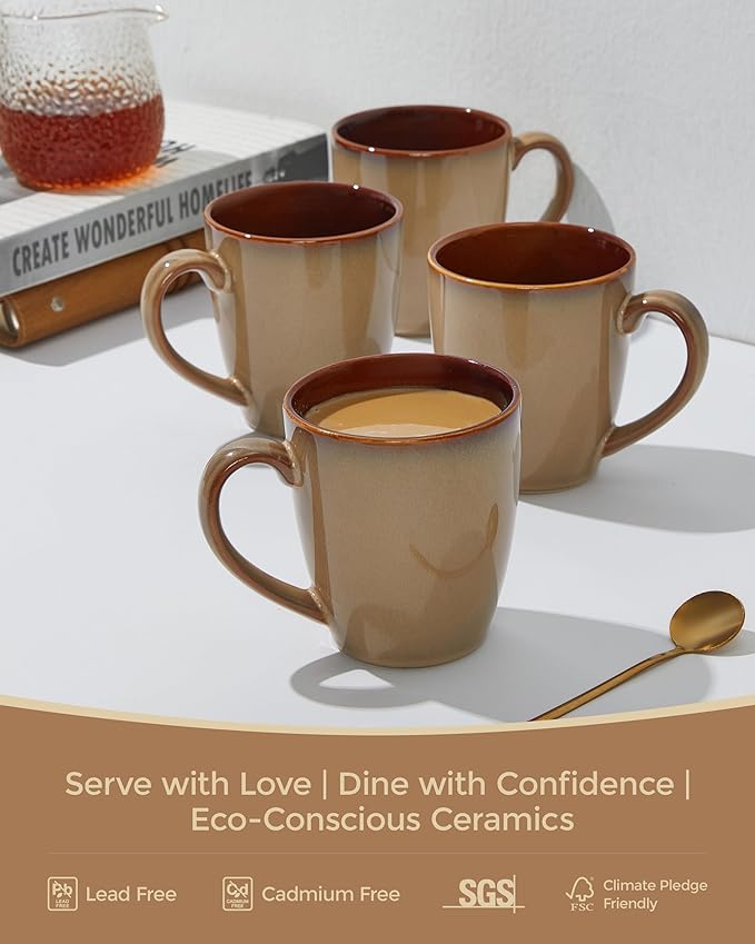 Coffee Mug 14 oz, Ceramic Coffee Mugs Set of 4, Reactive Glaze Mug for Latte/Tea/Cappuccino, Large Stackable Mug Set for Men, Women, Dad, Mom, Dishwasher & Microwave Safe, Brown Yellow
