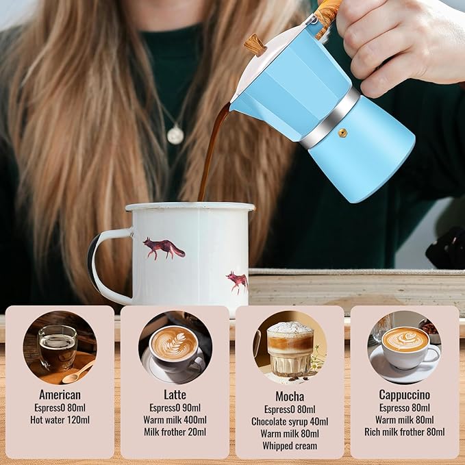 Vaolvpant 3 Cup Aluminum Moka Pot Classic Stovetop Espresso Coffee Maker 150ml 5oz Coffeemaker Percolator Mocha Pot Greca Coffee Maker Cafe Makers for Italian and Cuban Café Brewing Blue