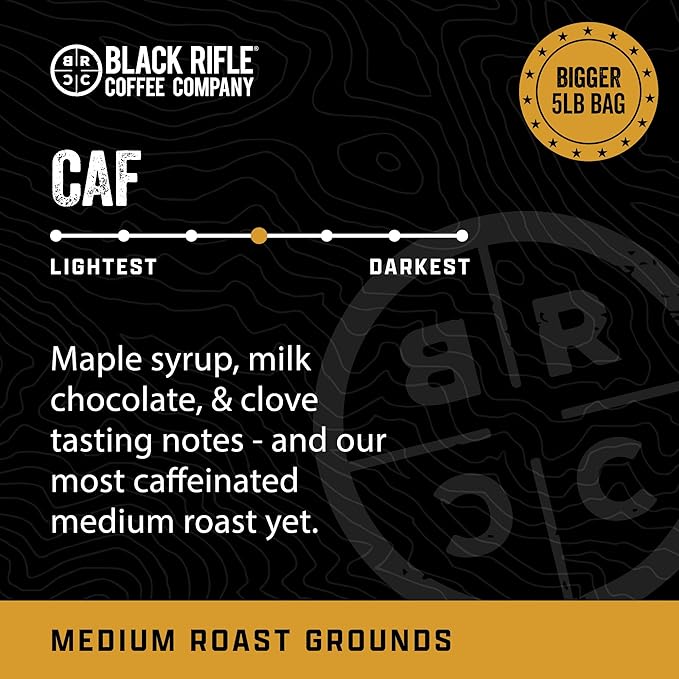 Black Rifle Coffee Company CAF, 5 lb Bag, Ground Coffee Medium Roast - Roasted Blend Made from Arabica Beans - Colombian & Brazilian Beans - Veteran Founded & American Made