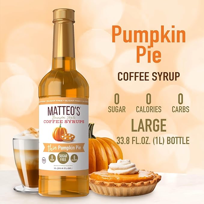 Matteo's Pumpkin Pie Syrup for Coffee, Lattes, Cappuccinos & Desserts – Sugar-Free Sweetener for Beverages, Keto Friendly, Zero Calories, Indulgent Flavor, Non-Alcoholic, 33.8oz (6pk)