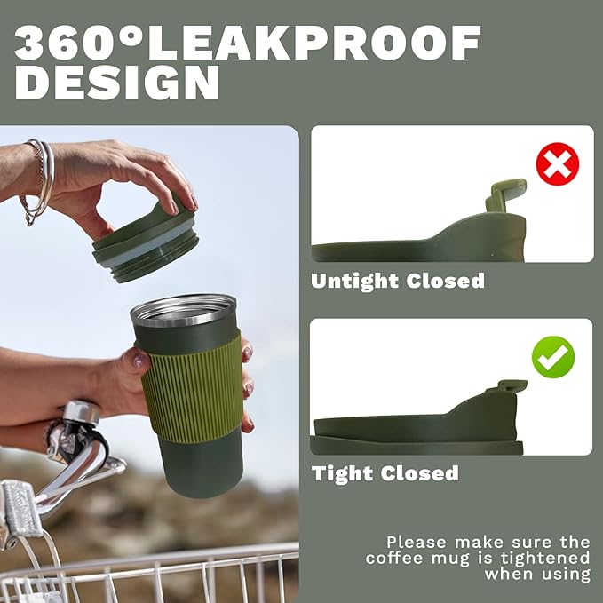 YINBAOGE Upgraded Insulated Travel Coffee Mug, Spill Proof & Leak Proof, Portable Camping Stainless Steel Tumbler, Reusable Thermal Coffee Cup with Lid for Hot & Cold Drinks (4th-Green, 15OZ)