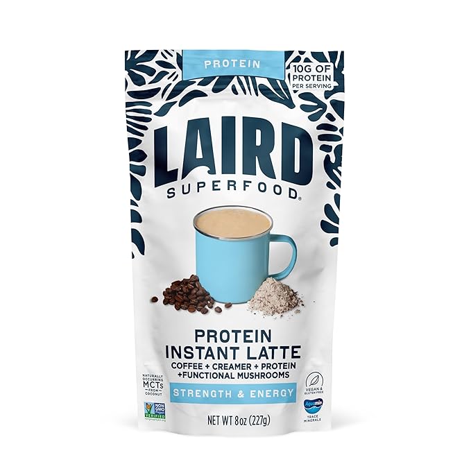 Laird Superfood Protein Instant Latte, Sweet & Creamy, Non-Dairy, Superfood Creamer and Coffee, Gluten Free, Non-GMO, Vegan, 8 oz. Bag, Pack of 1
