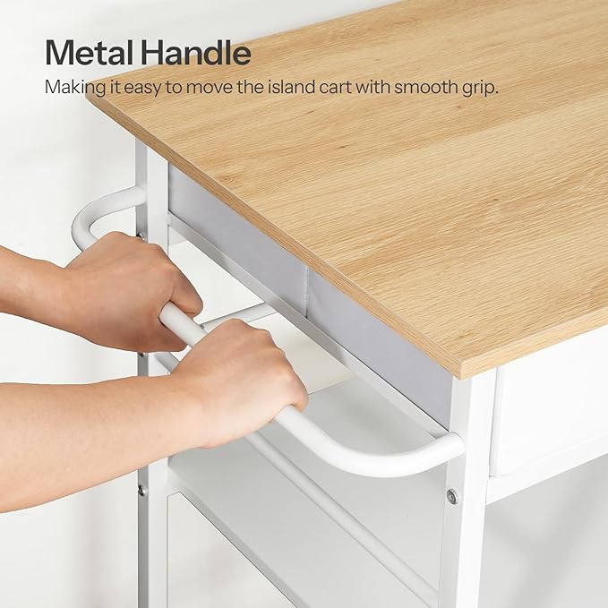 HOOBRO Kitchen Island with Storage, Rolling Island Cart for Kitchen with 2 Drawers & Outlet, 3 Tier Coffee Station and Microwave Stand, Kitchen Island Table for Home, Natural and White WN08UZD01