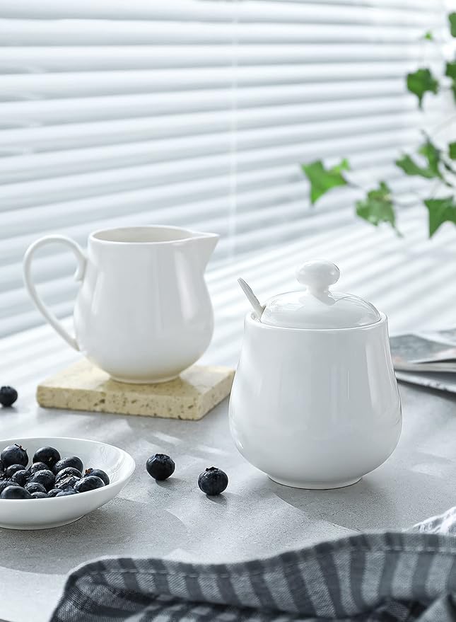 Sweese 12 Ounce Porcelain Sugar and Creamer Set, Coffee Serving Set, 3 Piece with Creamer Pitcher, Sug