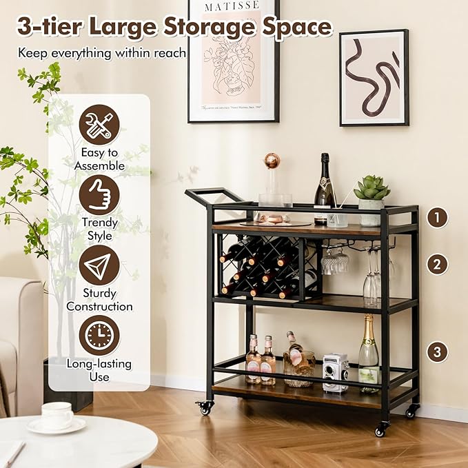 Giantex Bar Cart, 3 Tier Serving Cart for Home, 8 Wine Bottles Rack, Glass Holder, Industrial Mobile Kitchen Cart with Lockable Wheels and Handle, Storage Shelves for Drink Beverage