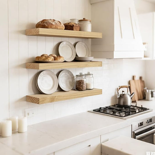 Floating Wall Shelf 16x6.8x1.7 Inch – Solid Wood Shelf in Natural Wood Finish – Wall Mounted Rustic Display Organizer for Bathroom, Kitchen, Bedroom, Small Spaces – Set of 3