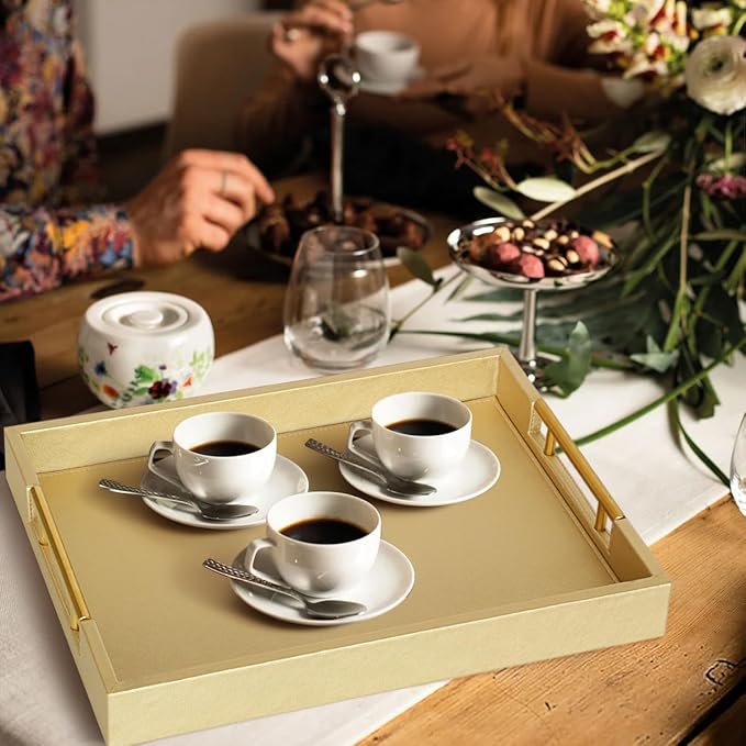 HofferRuffer Faux Leather Serving Tray with Gold Metal Handles, Stylish Decorative Tray Organizer for Coffee Table, Ottoman, Home Decor and Serving (Gold, 16.2" x 12.2" x 2")