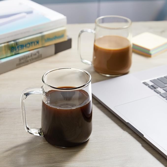 Glass Coffee Mugs, 16 oz Glass Coffee Cups Set of 6, Clear Borosilicate Glass Mugs with Handles for Cappuccino, Tea, Latte, Hot/Cold Beverages, Wine, Americano