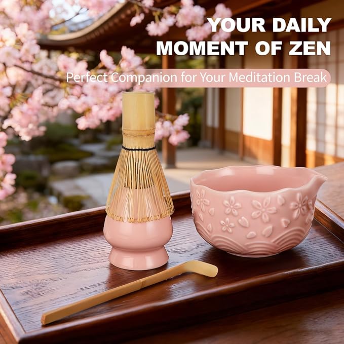 SIMPLETaste Matcha Whisk Set, 7 Pcs Ceramic Matcha Kit Includes Bowl, Whisk and Holder, Bamboo Scoop, Scoop Rest, Sifter and Tea Towel - Matcha Kit for Macha Lovers (Pink)