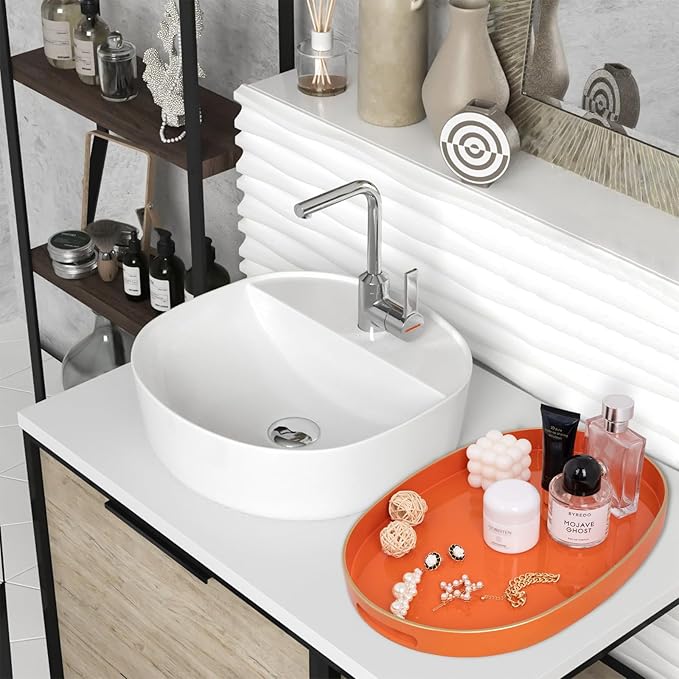 MAONAME Orange Decorative Tray, Oval Serving Tray with Handles, Plastic Trays for Coffee Table, Ottoman Trays for Living Room, Bathroom, 15.6" X 10.6" X 1.4"