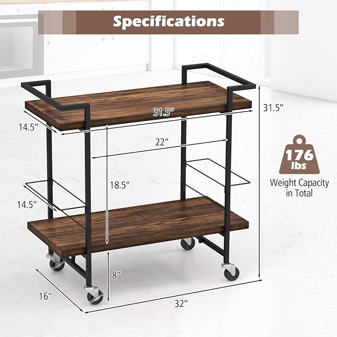 GOFLAME Bar Cart for Home, 2-Tier Kitchen Cart with Lockable Wheels and Anti-Fall Guardrail, Bar Serving Cart with Metal Frame, Rolling Beverage Storage Cart for Dining Room, Living Room