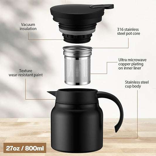 3 Pcs Thermal Coffee Carafe for Keeping Hot/Cold Stainless Steel Small Coffee Creamer Container Double Wall Vacuum Insulated Tea pot Beverage Dispenser for Milk Hot Chocolates(Black, 27 oz)