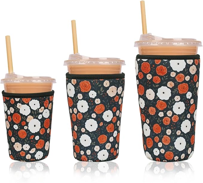 Reusable Insulated Neoprene Iced Coffee Cup Sleeve, Durable Drink Sleeve for Cold Beverages, Beverage Holder for Iced Coffee, Midnight Blooms