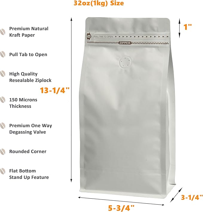 White Kraft Coffee Bags with Side Gusset, Resealable Stand-Up Coffee Pouches with Side Zipper, Degassing Valve for Coffee (Size: 5.75 x 13.25", 32oz/2lb, Pack of 100)