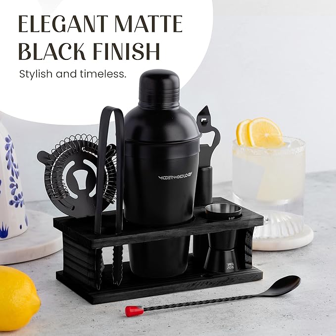 Modern Mixology Cocktail Shaker Set - 8 Piece Bartender Kit on Quality Pine Stand | Complete Cocktail Kit Gift Set | Top Bartender Gifts for Men | Leak Proof Design (Black)