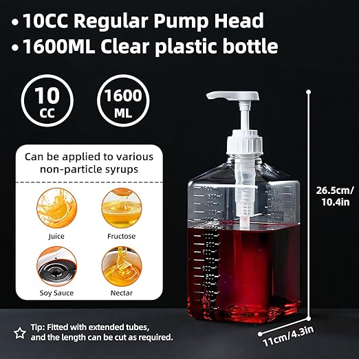 Large Capacity Syrup Dispenser for Coffee Bar, 54oz 1600ml PET Syrup Bottle w Measuring Cup and Funnel, Dispenser Bottle w Upgraded Pump