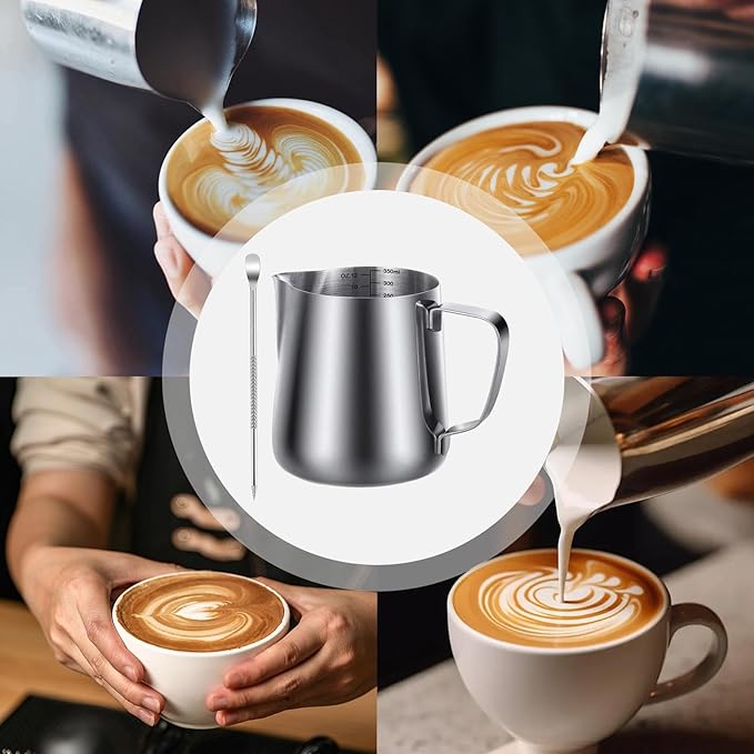 Milk Steamer Cup - Milk Frother Pitcher 350ml/12oz Withscale And Decorating Pen, Latte Art Pitcher,Stainless Steel Espresso Cups | Accessories For Kitchen Bar Travel Cafe Restaurant