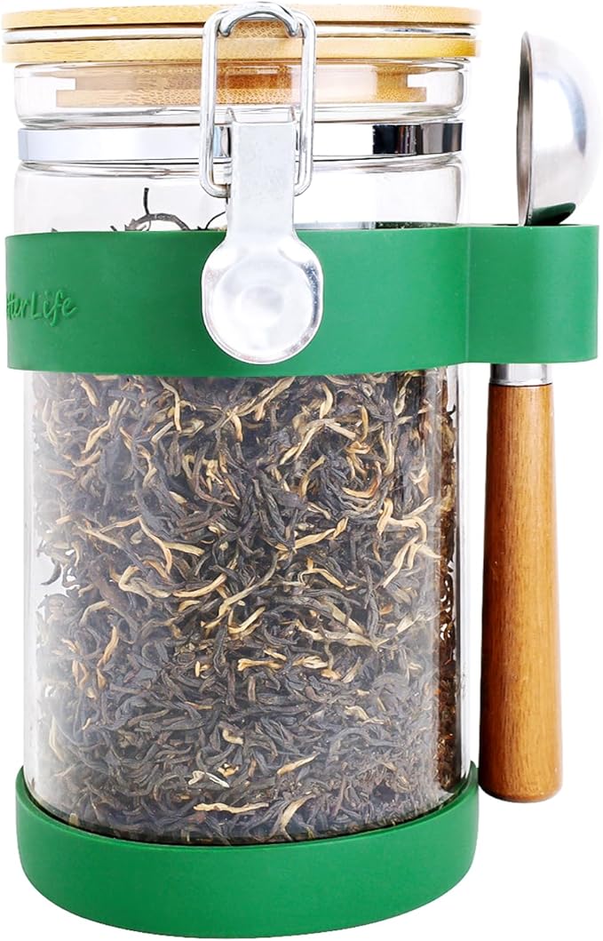 Glass Tea Canister with Airtight Bamboo Lid and Spoon - 40oz (1200ml) Storage Jar for Loose Leaf Tea - Clear Pantry Container Preserves Freshness and Flavor