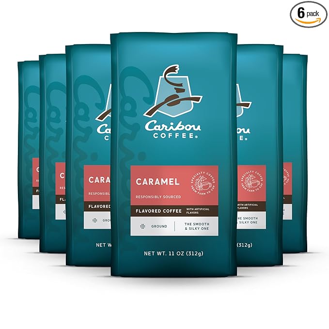 Caribou Coffee, Medium Roast Ground Coffee, 100% Arabica Coffee - Caramel Flavored 66 Ounces (6 Bags of 11 Ounces)