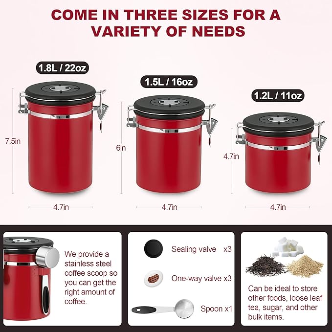 ShanSon Coffee Canister Airtight Coffee Container Stainless Steel Coffee Bean Storage Container with Scoop Coffee Canister for Beans Grounds Sugar Flour Tea Cereal,22OZ,Red