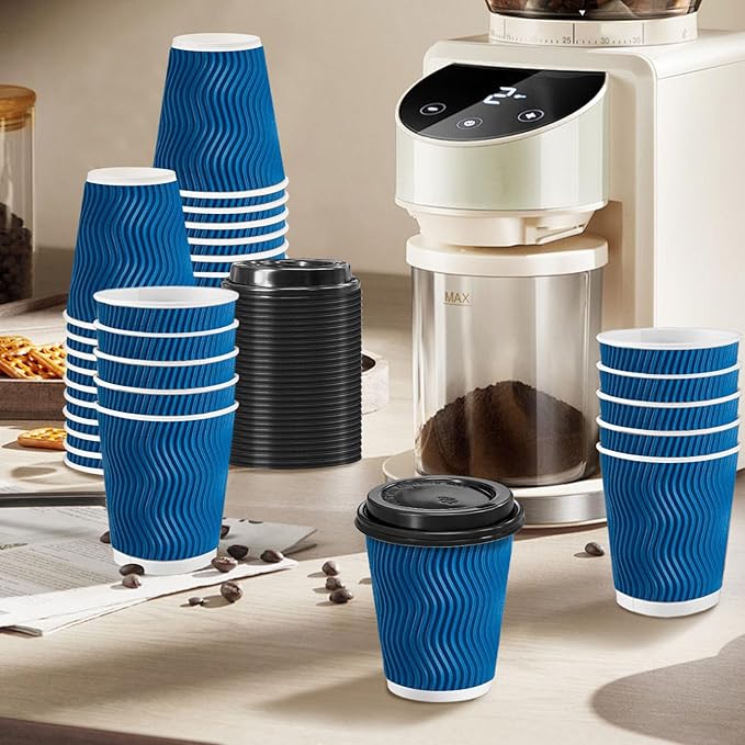 Clawsoff 100 Pack Coffee Cups with Lids 8 oz, Disposable Insulated Ripple Wall To Go Paper Coffee Cups for Hot/Cold Drinks Office Home Shop Event (Navy)