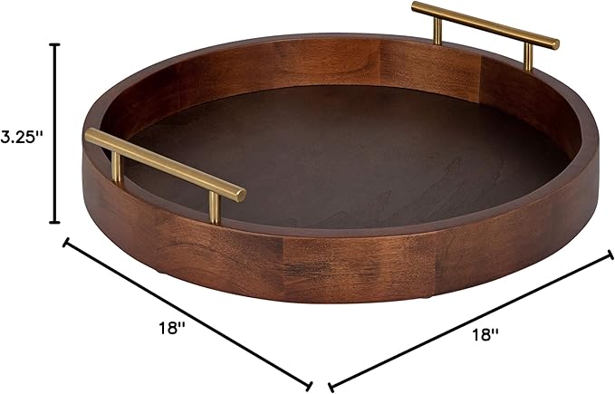 Kate and Laurel Lipton Modern Round Tray, 18", Dark Walnut and Gold, Decorative Accent Tray for Storage and Display
