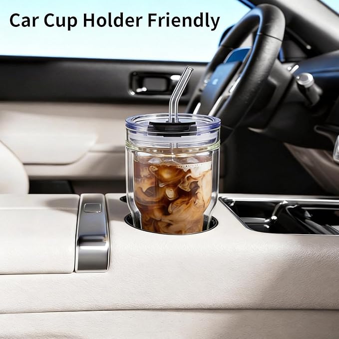 Double Walled Glass Espresso Cups, Insulated Coffee Mug with Straw and Lid - 12oz/350ml Reusable Tumbler for Hot/Cold Drinks, Smoothie, Latte, Matcha, Car & Travel