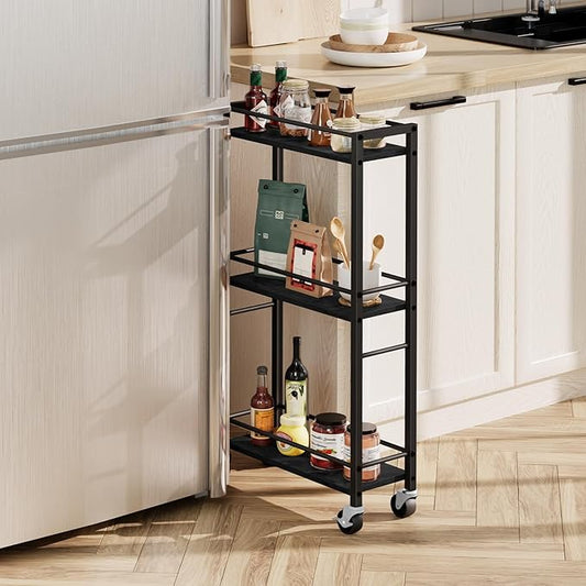 Slim Rolling Cart, Mobile Kitchen Cart on Wheels, Narrow Storage Cart for Small Space, Wooden Service Cart, for Bathroom, Laundry, Living Room, Black RCHB1501