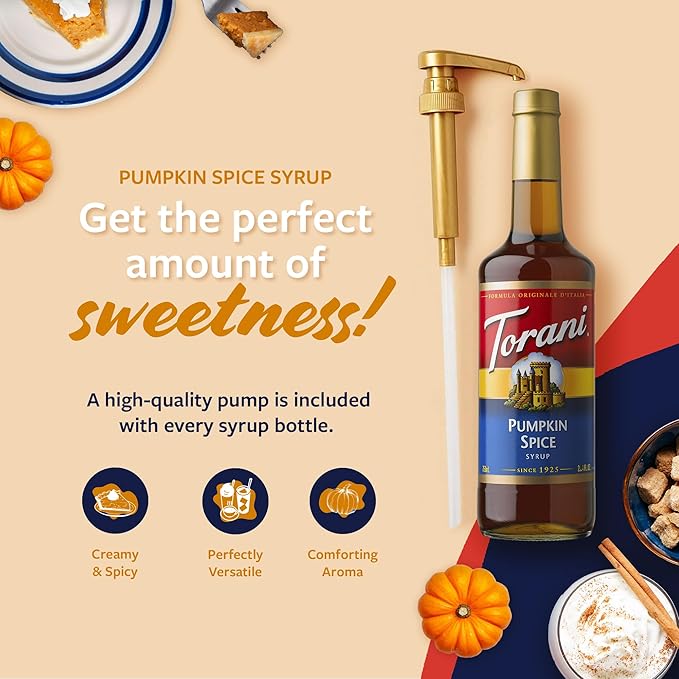 Torani Coffee Syrup, Pumpkin Spice Flavoring for Drinks, Glass Bottle with Pump Included, 25.4 Fl Oz