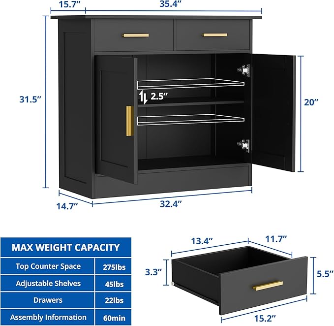 Buffet Cabinet with Storage - Buffets & Sideboards Kitchen Storage Cabinet, Wood Console Table Coffee Bar Accent Cabinets for Living Room Dining Room Entryway Small 2 Doors & Drawers, Black 35.4"W