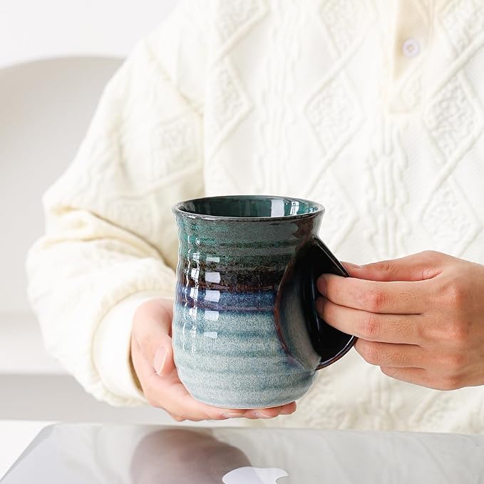 Mkour 21oz Large Ceramic Coffee Mugs, Handmade Tea Cups with Comfortable Handle for Office and Home, Microwave and Dishwasher Safe (Ink Green)