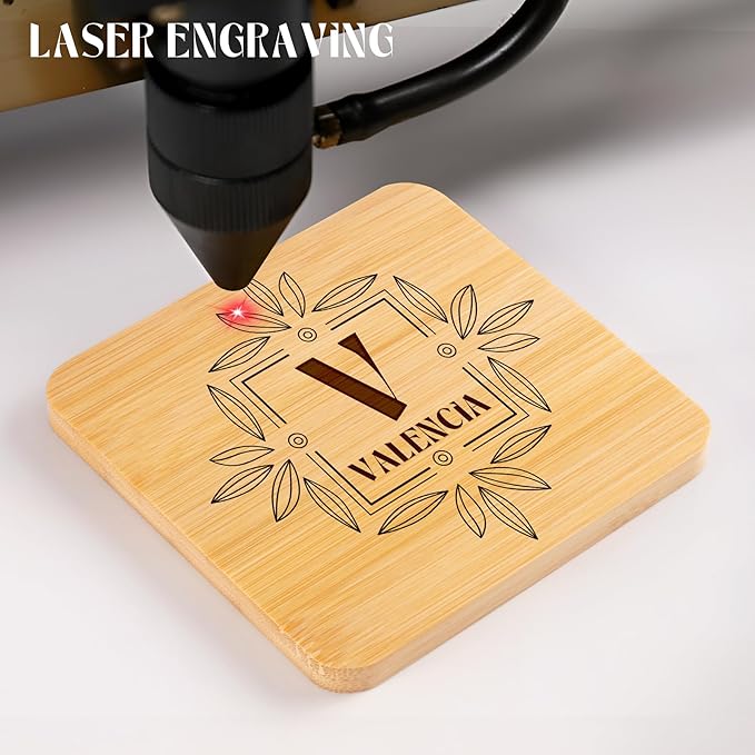 Custom Coasters, Bamboo Coasters Set of 4 Round, 3.7in Laser Engraved Personalized Coaster with Holder, Customized Housewarming Gifts Drink Coaster for Weddings, Bar Home Decor, Coffee Table Decor