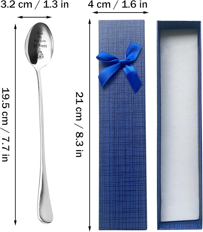 Drink Tea Read Books Be Happy spoon Funny Engraved Stainless Steel Spoon,Gifts for Readers Book Lover Daughter Son Friends Coworkers Women Men for Birthday Graduation Christmas Gifts