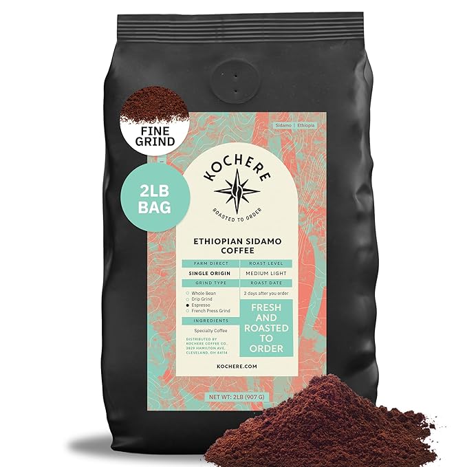 Ethiopian Sidama Coffee – 2LB, Single Origin, Medium-Light Roast, Freshly Roasted Fine Espresso Grind, Specialty Grade, Non-GMO