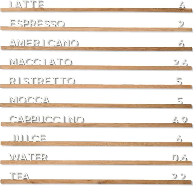 Inko Horeca Wooden Wall Letter Board - Set of 10 Oak Rails + 400 Changeable White Letters - Floating Wall Menu Display Shelf for Cafe, Bar, Kitchen, and Home Decor