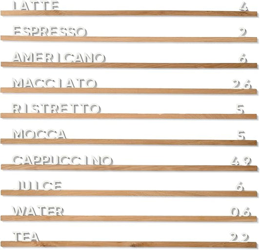 Inko Horeca Wooden Wall Letter Board - Set of 10 Oak Rails + 400 Changeable White Letters - Floating Wall Menu Display Shelf for Cafe, Bar, Kitchen, and Home Decor
