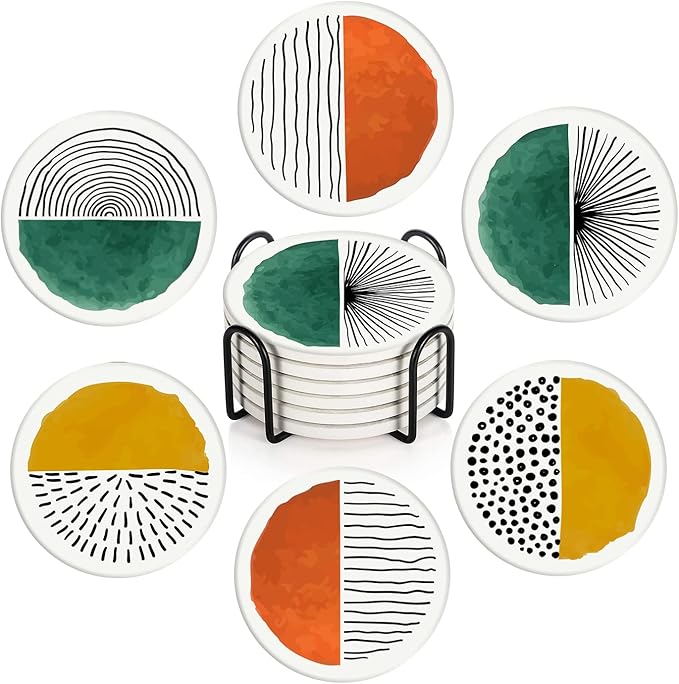 Britimes Coaster for Drinks Set of 6, Simple Retro Round Doodle Circle Absorbent Round Ceramic Stone Mat, with Cork Base and Metal Holder, Gift for Housewarming Room Bar Decor