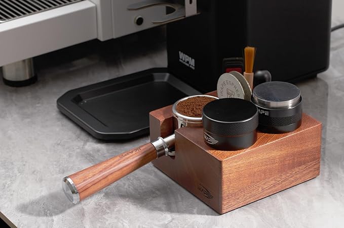IKAPE Espresso Tamper Holder, Wooden Coffee Tamper Station Base, Natural Walnut Espresso Tamp Mat Stand Fit for 51 to 54mm Espresso Accessories - Can Adjustable Portafilters Stand Height (7 IN One)
