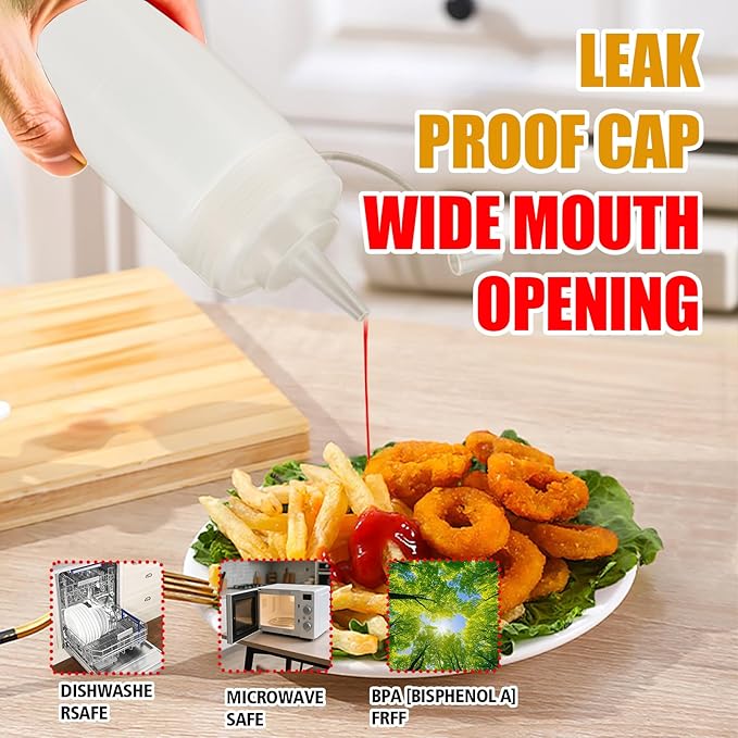 Squeeze Bottles for Sauces,Leak-Proof Condiment Dispenser, BPA-Free Kitchen Restaurant Squeeze Bottle Set with Wide Mouth for Ketchup, Mustard,Syrup,Dressings (White, 6Pack-16oz(400ml))