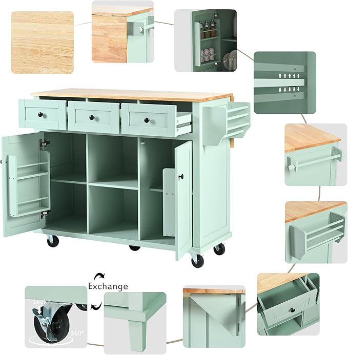 Yayzy Rolling Kitchen Island with Drop Leaf & Cabinet Door Storage Racks, 53” Kitchen Cart with 3 Drawers, Rubberwood Top, Locking Wheels, for Kitchen and Dining Room, Mint Green