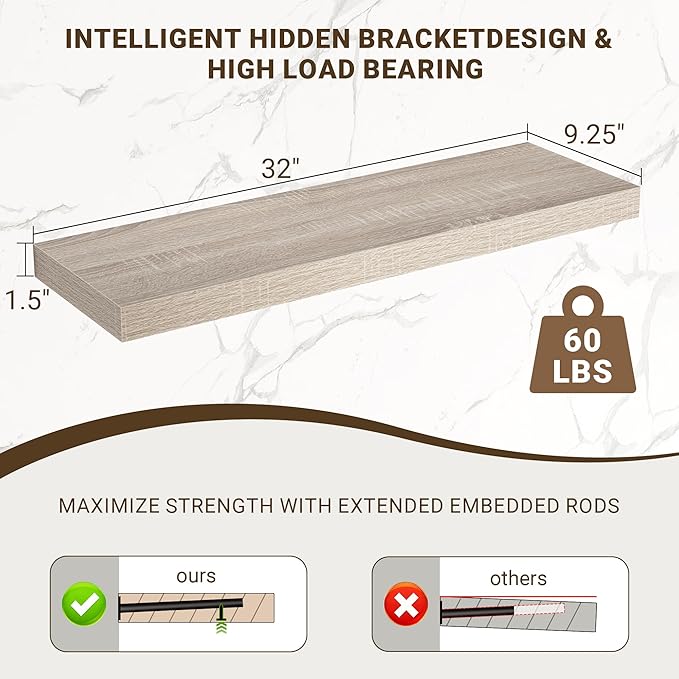 32 Inch Floating Shelves, 3D Textured Wood Grain, 32"x9.25"x1.5" Inch Deep Floating Shelves for Wall, Wooden Shelves for Bathroom, Bedroom, Living Room, Vintage White Oak, 2 Pieces