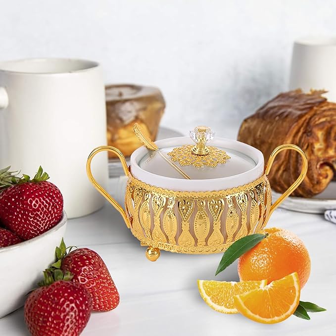 Flylin Sugar Bowl, Turkish Sugar Bowl with Lid and Spoon for for Candy Cookie Honey, Golden Vintage Glass Seasoning Jar for Home and Kitchen Coffee Bar